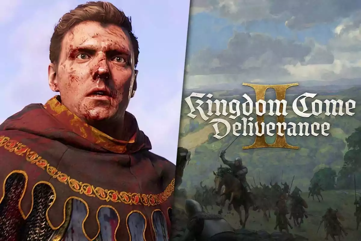 A character with a bloodied face next to the logo of the video game Kingdom Come Deliverance II.