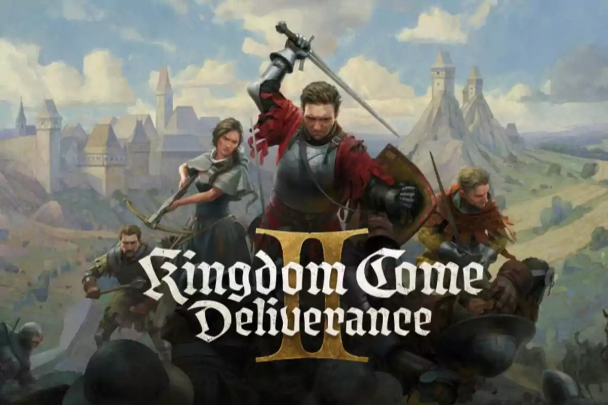 Portada del videojuego Kingdom Come Deliverance II mostrando a varios personajes medievales en una escena de batalla con un castillo al fondo.