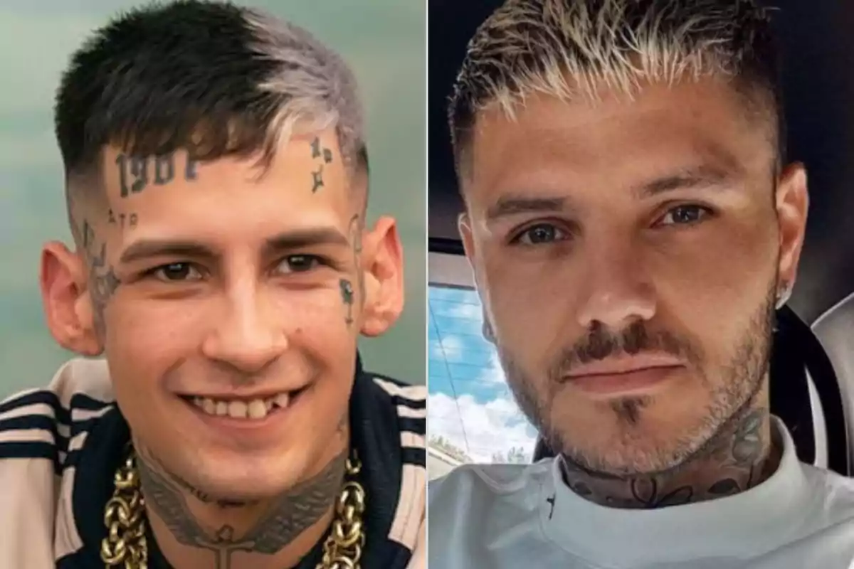 Dos hombres con tatuajes faciales y peinados cortos posan para la cámara.