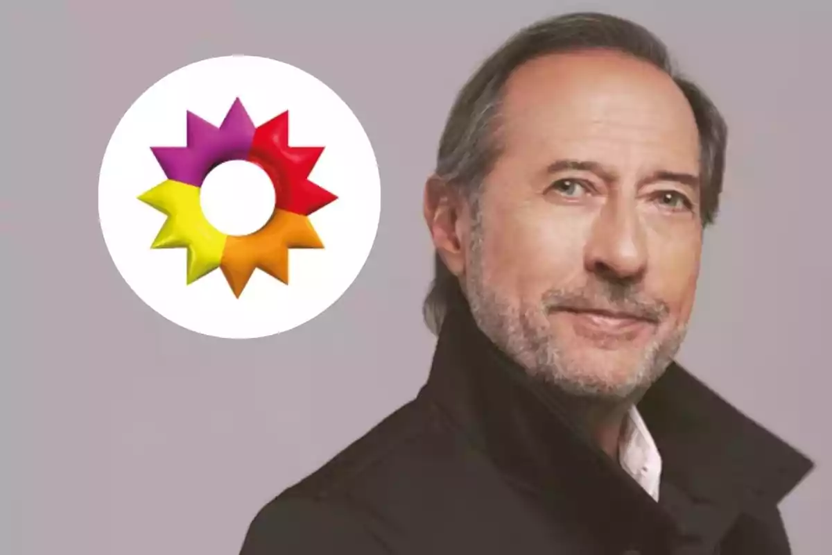 Guillermo Francella con cabello canoso viste un abrigo oscuro junto a un logotipo colorido de El Trece TV.