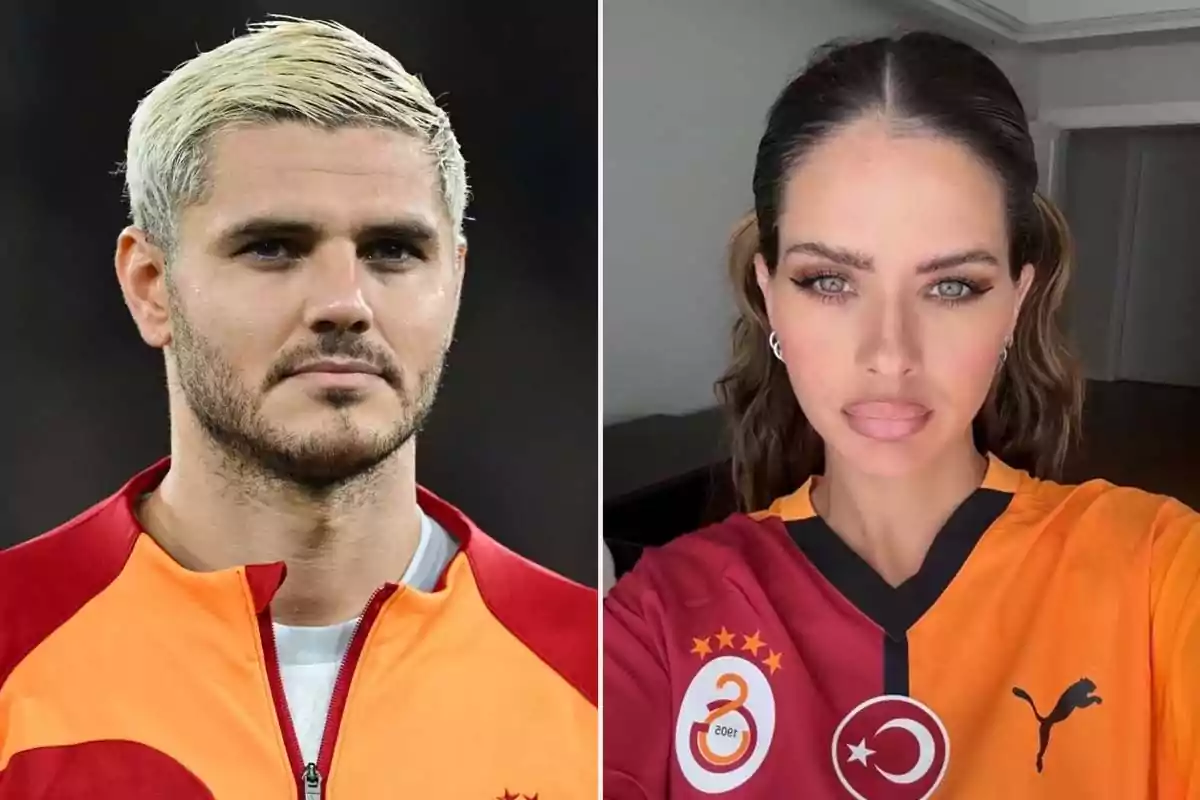 Mauro Icardi and China Suárez wearing Galatasaray jerseys pose for the camera.