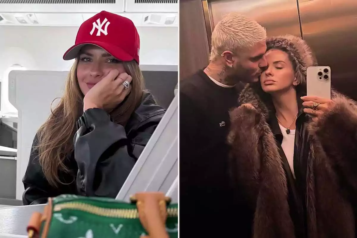 La China Suárez con gorra roja sonríe en un avión, mientras que en la imagen de la izquierda Mauro Icardi y la China Suárez se toman una selfie en un ascensor, donde La China Suárez usa un tapado de piel.