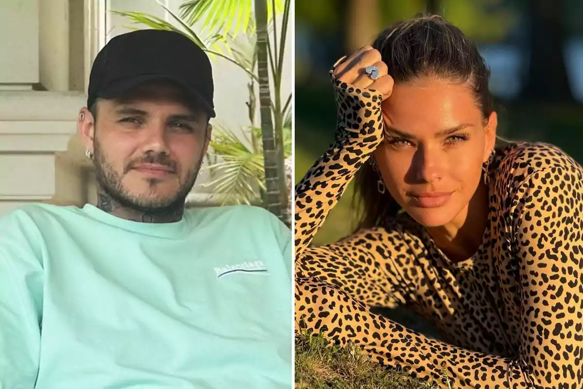 Un hombre con gorra y camiseta verde claro está sentado al lado de una mujer con un vestido de estampado de leopardo, ambos posan al aire libre.