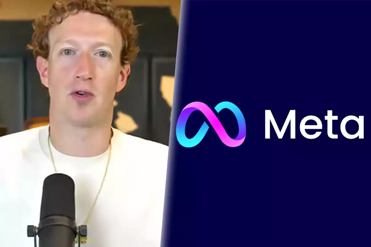 Mark Zuckerberg hablando frente a un micrófono acerca de la inteligencia artificial junto al logotipo de Meta.