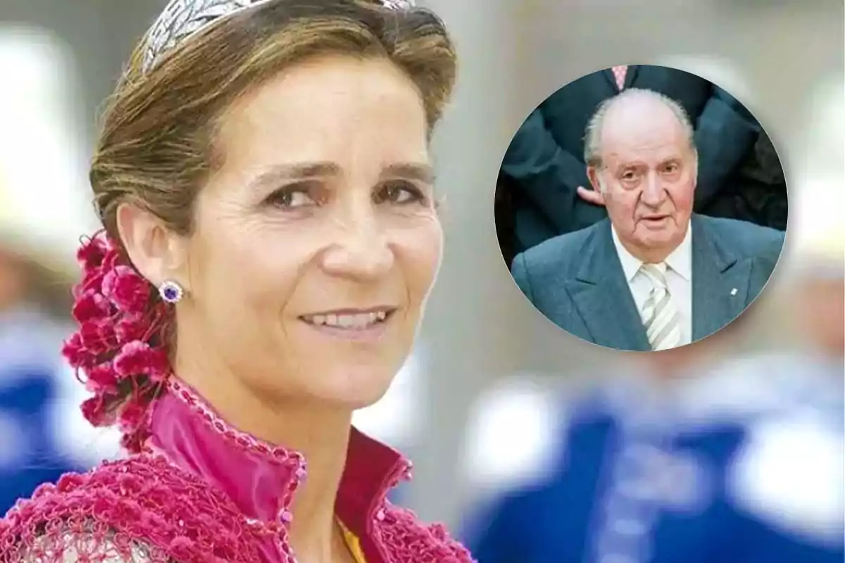 La infanta Elena de España con tiara y vestido rosa sonríe mientras Juan Carlos I de España en traje aparece en un círculo en la esquina superior derecha.