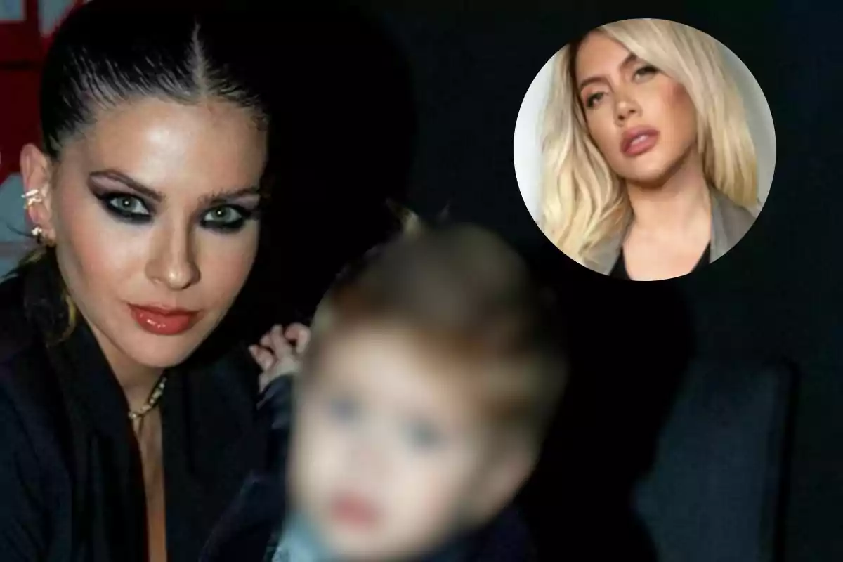 La China Suárez junto a su hijo Amancio, a la derecha se ve un recuadro con una foto de Wanda Nara.