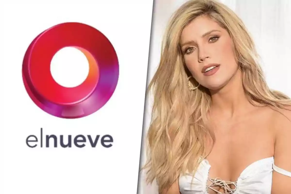 Logotipo de "elnueve" junto a una mujer rubia con cabello suelto y vestido blanco (Laurita Fernández).