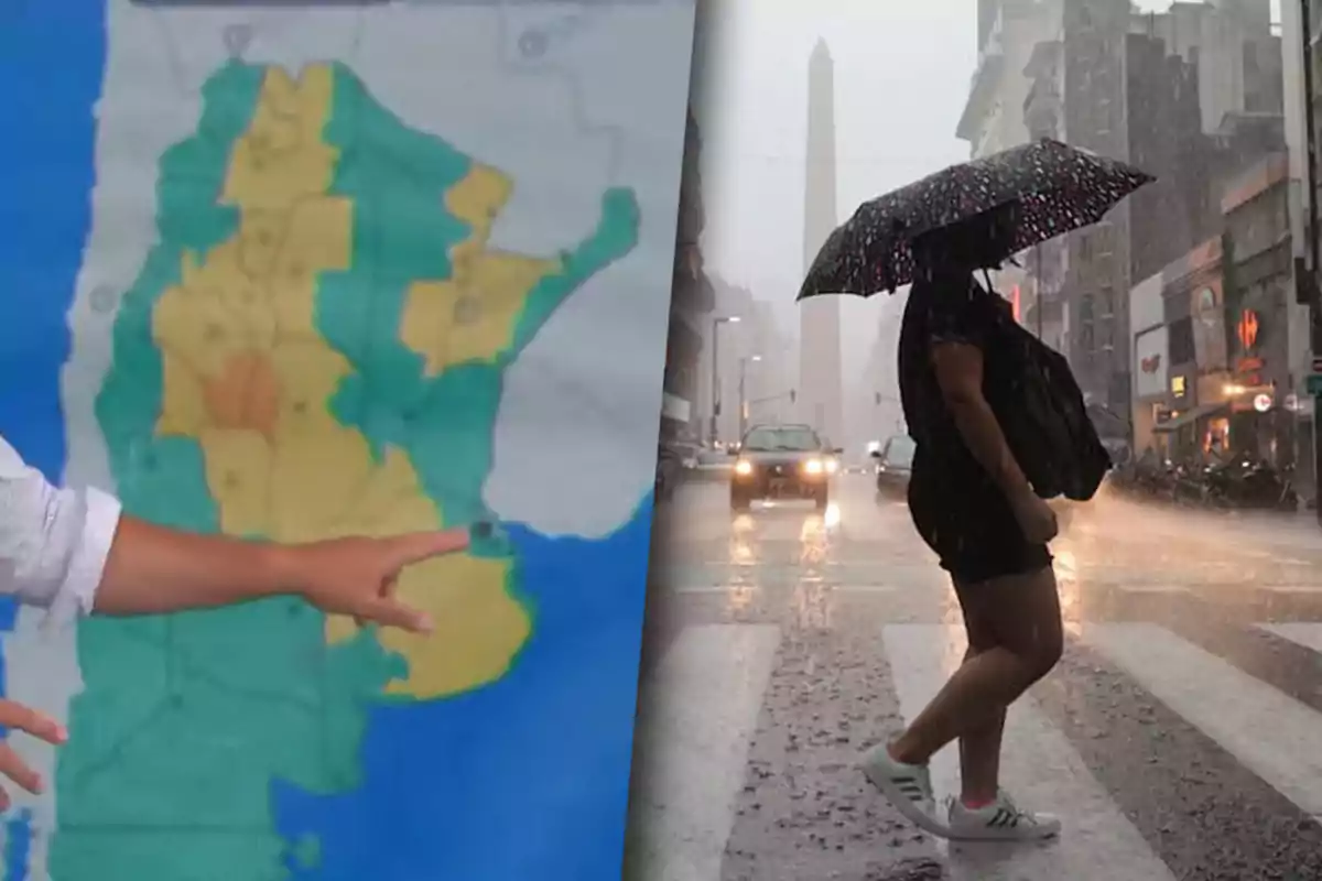 Una persona señala un mapa meteorológico mientras otra camina bajo la lluvia con un paraguas en la Ciudad de Buenos Aires.