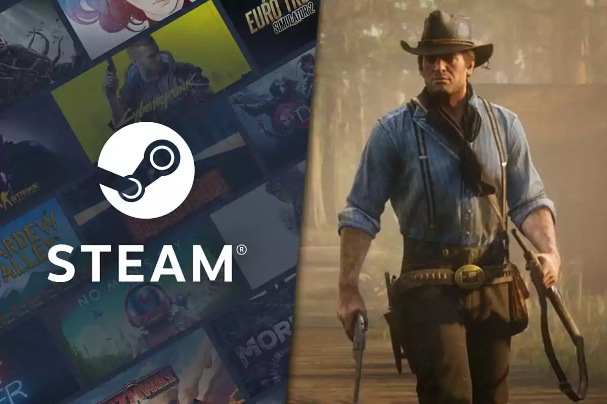 Imagen que muestra el logotipo de Steam junto a un personaje de videojuego con sombrero y ropa de vaquero de Red Dead Redemption 2.