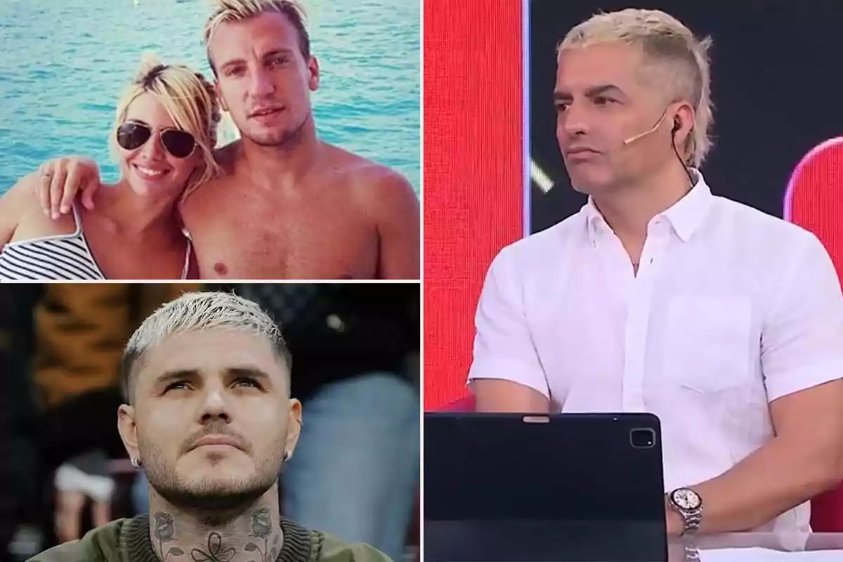 Una imagen compuesta por tres secciones: en la parte superior izquierda, Maxi López y Wanda Nara; en la parte inferior izquierda, Mauro Icardi y a la derecha Ángel de Brito.