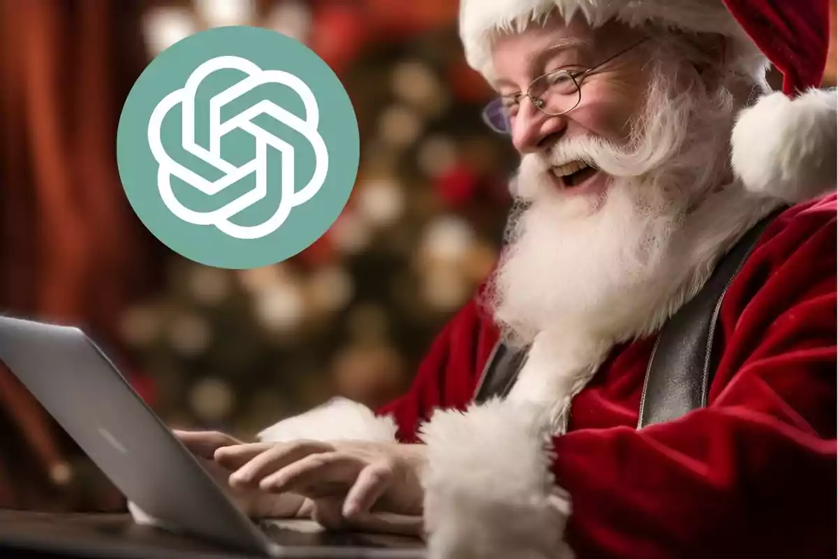 Un hombre vestido de Santa Claus para la Naviadad 2024 sonríe mientras usa una computadora portátil buscando las mejores ideas de regalos con un logotipo ChatGPT-4.