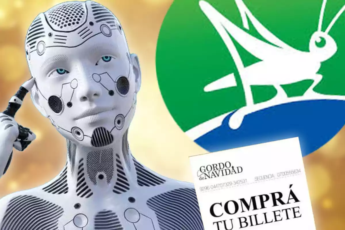 Un robot futurista con un inteligencia artificial está al lado de un logotipo verde y azul de la Lotería de la Provincia y un boleto de lotería que dice "Gordo de Navidad" y "Comprá tu billete".