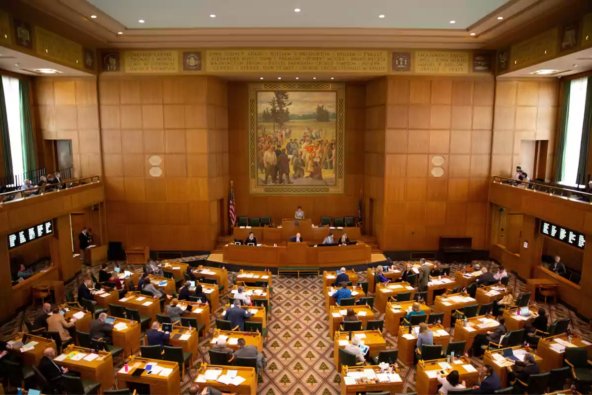 An assembly hall with people seated at desks, a podium at the front, and a large mural on the wall.