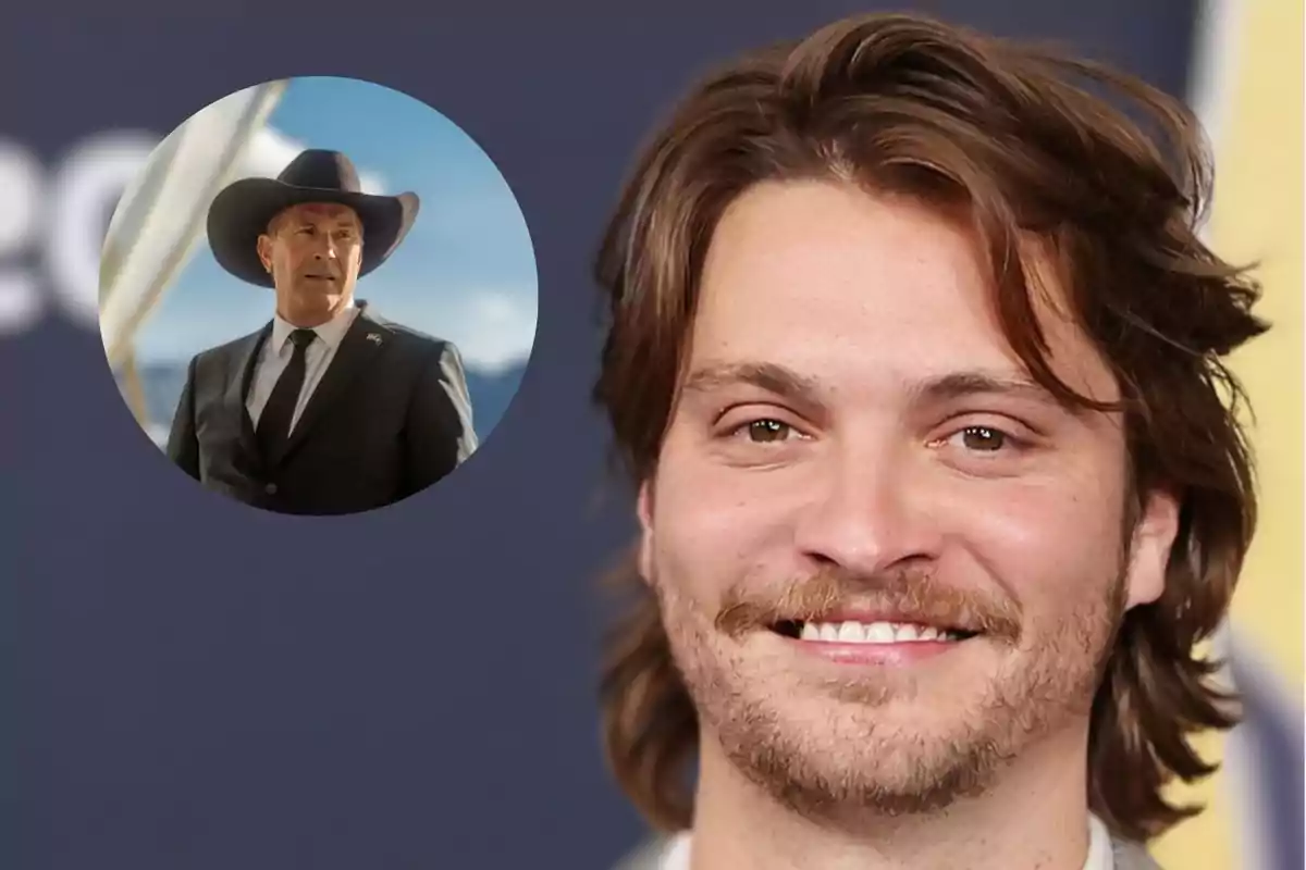 Luke Grimes, actor de la serie "Yellowstone" junto a un recuadro de Kevin Costner interpretando a su personaje en la serie.