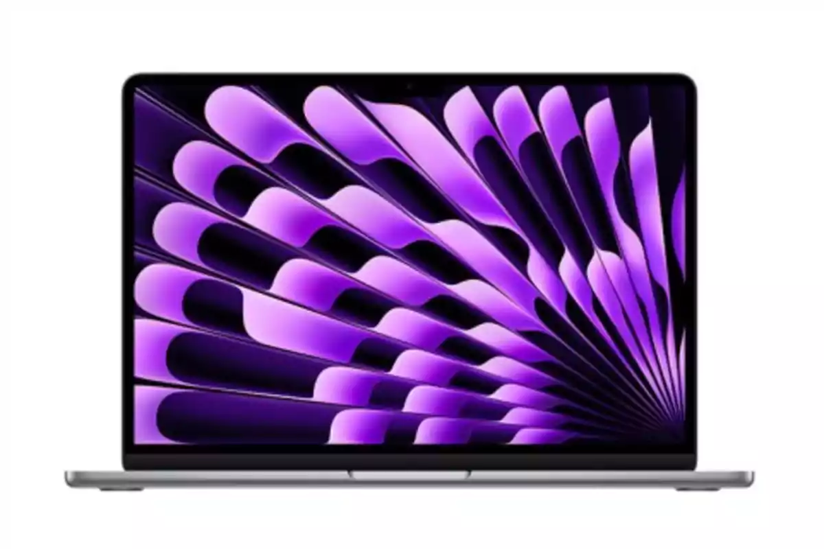 Una laptop MacBook Air con una pantalla que muestra un diseño abstracto en tonos morados, vendida en Mercado Libre compra internacional.