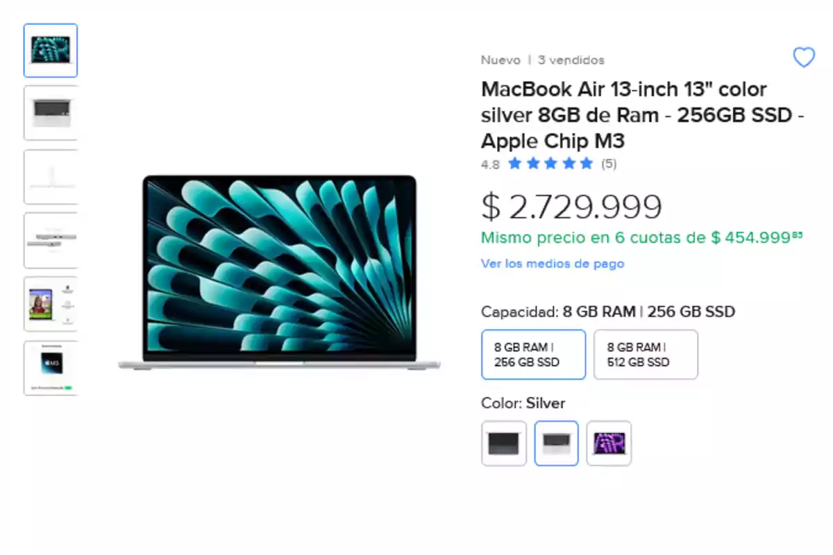 MacBook Air de 13 pulgadas en color plateado con 8GB de RAM y 256GB de SSD a un precio de[IMAGE],729,999 con opción de pago en 6 cuotas de 4,999, en la plataforma de Mercado Libre por la opción de compra nacional.