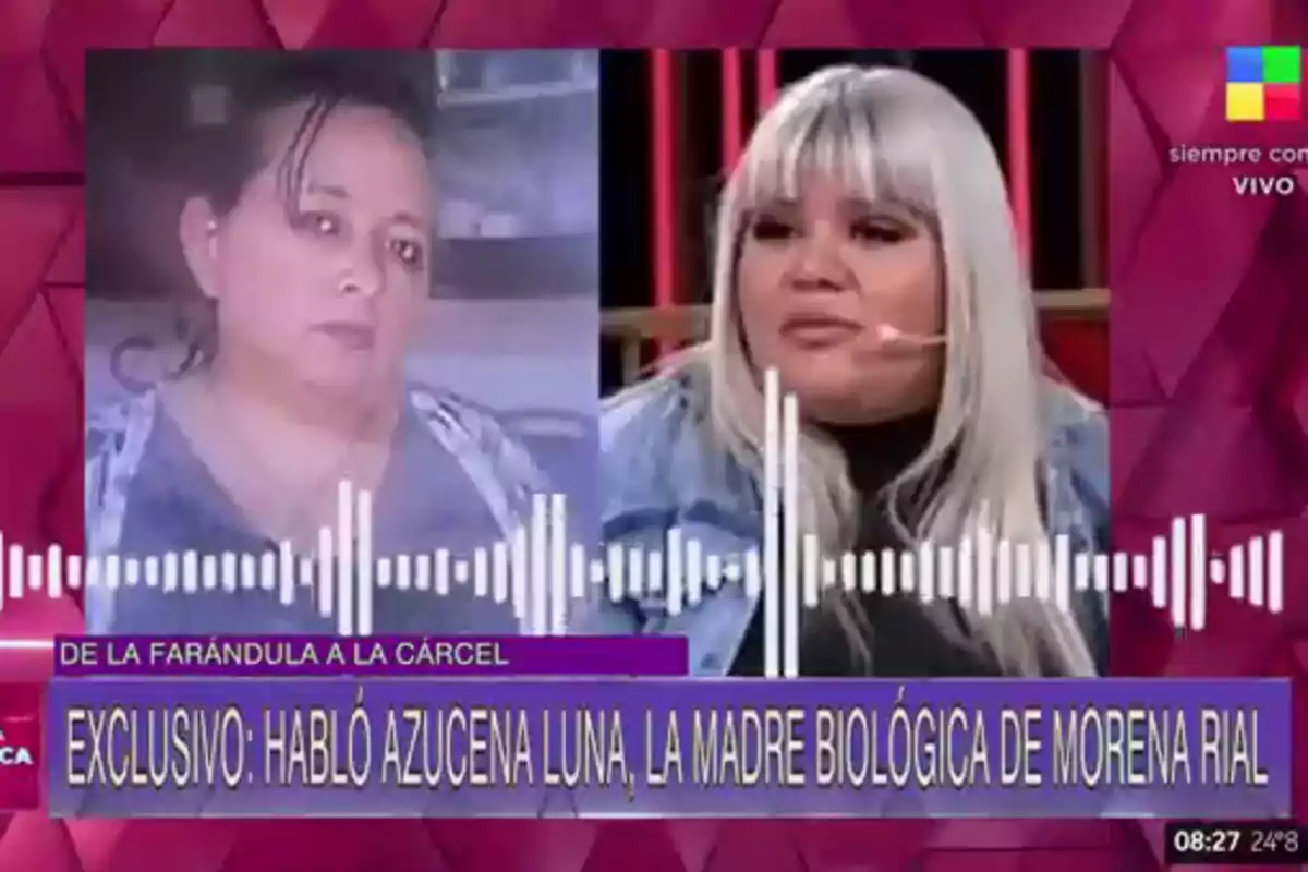 Dos mujeres aparecen en un programa de televisión con gráficos de audio y texto que dice 