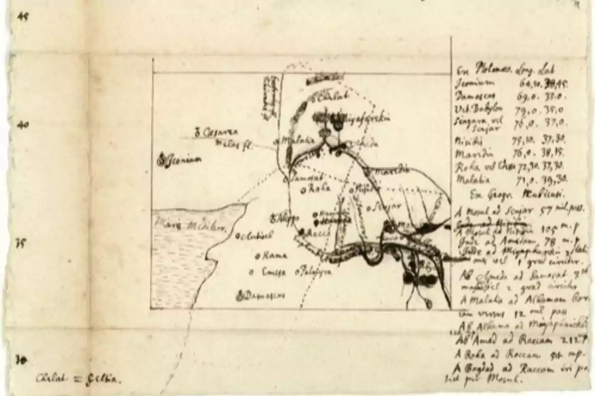 Un mapa antiguo dibujado a mano que muestra rutas y ubicaciones geográficas con anotaciones y coordenadas en el lado derecho.