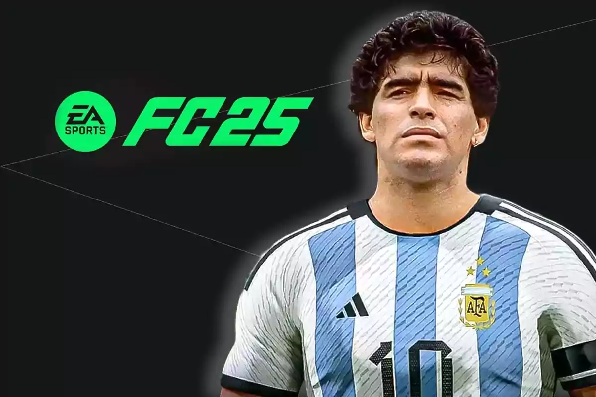 Diego Maradona con la camiseta de Argentina junto al logo de EA Sports FC25.