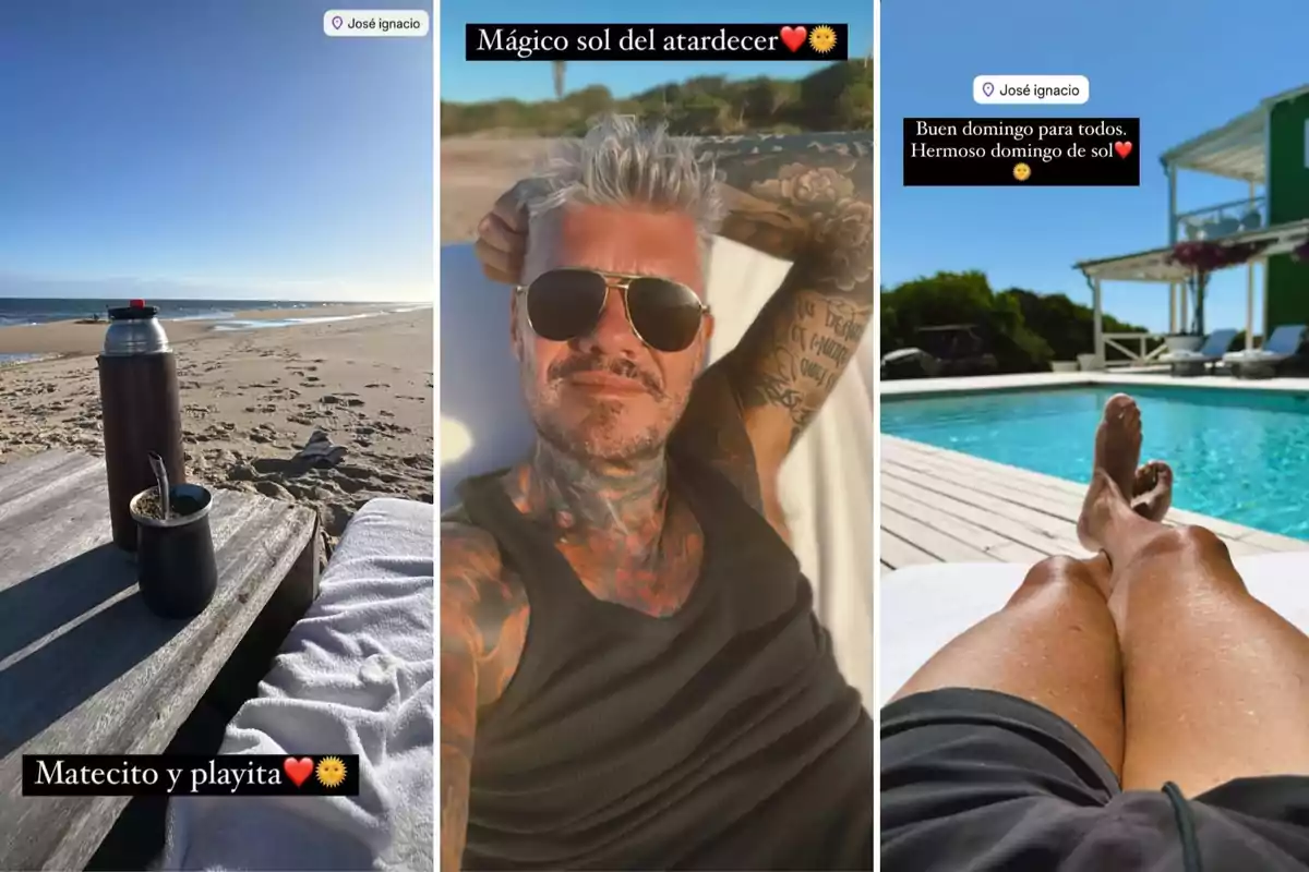 Tres imágenes muestran una playa con mate, una persona con tatuajes disfrutando del sol y una vista de una piscina con alguien relajándose en una tumbona.