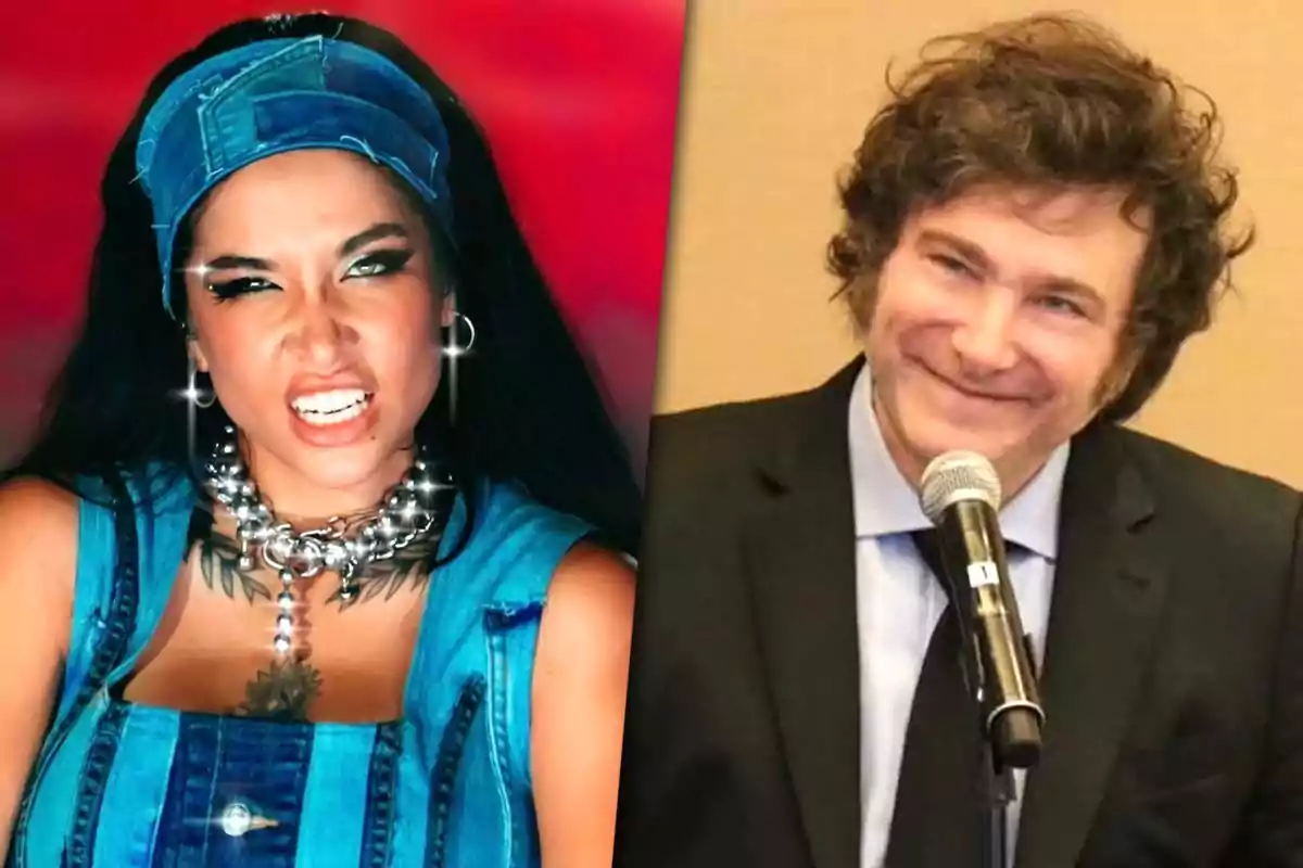 Two people in a split image, a woman with an intense expression and denim clothing on the left (María Becerra) and a man smiling with a suit and microphone on the right (Javier Milei).