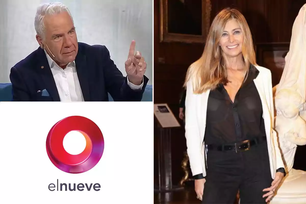 An older man with gray hair and a dark suit (Esteban Mirol) is speaking on a television program, alongside a blonde woman with a black blouse and white jacket (Marisa Andino), with the "elnueve" channel logo at the bottom.