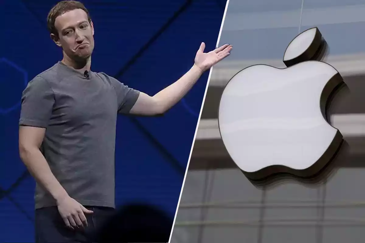 Mark Zuckerberg gesticula con una expresión de desdén junto a un logotipo de Apple.