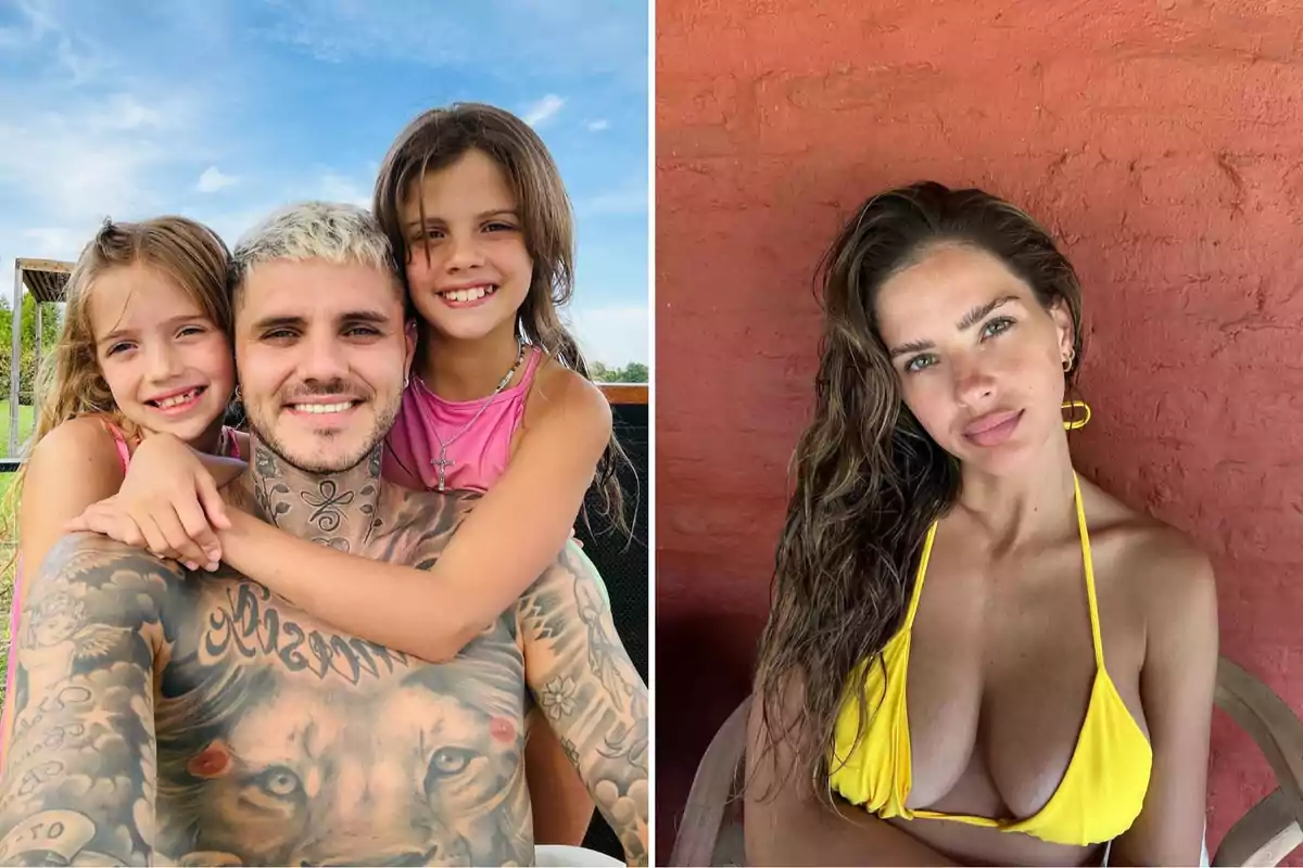 Un hombre con tatuajes sonríe mientras abraza a dos niñas, y una mujer con bikini amarillo posa frente a una pared roja.