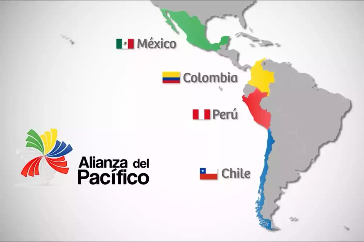 Map of Latin America highlighting the member countries of the Pacific Alliance: Mexico, Colombia, Peru, and Chile, with their respective flags and a colorful Pacific Alliance logo.