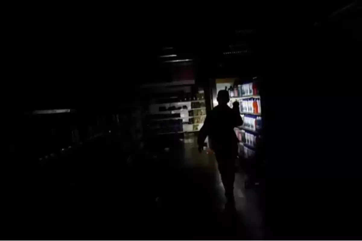 A person walking in a dark supermarket aisle illuminated by a flashlight.