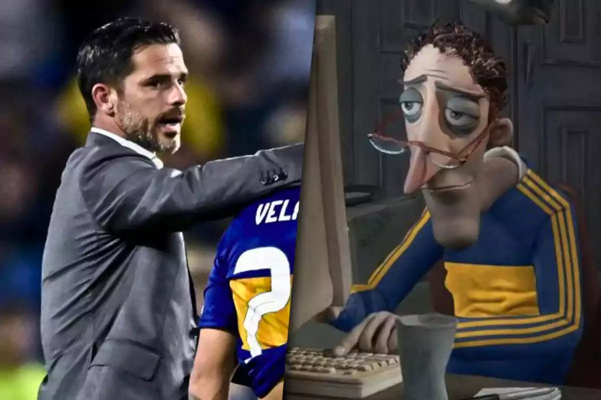 A man in a suit is next to a player wearing a blue and yellow jersey, while on the right there is an illustration of an animated character with glasses and a tired expression, using a computer.