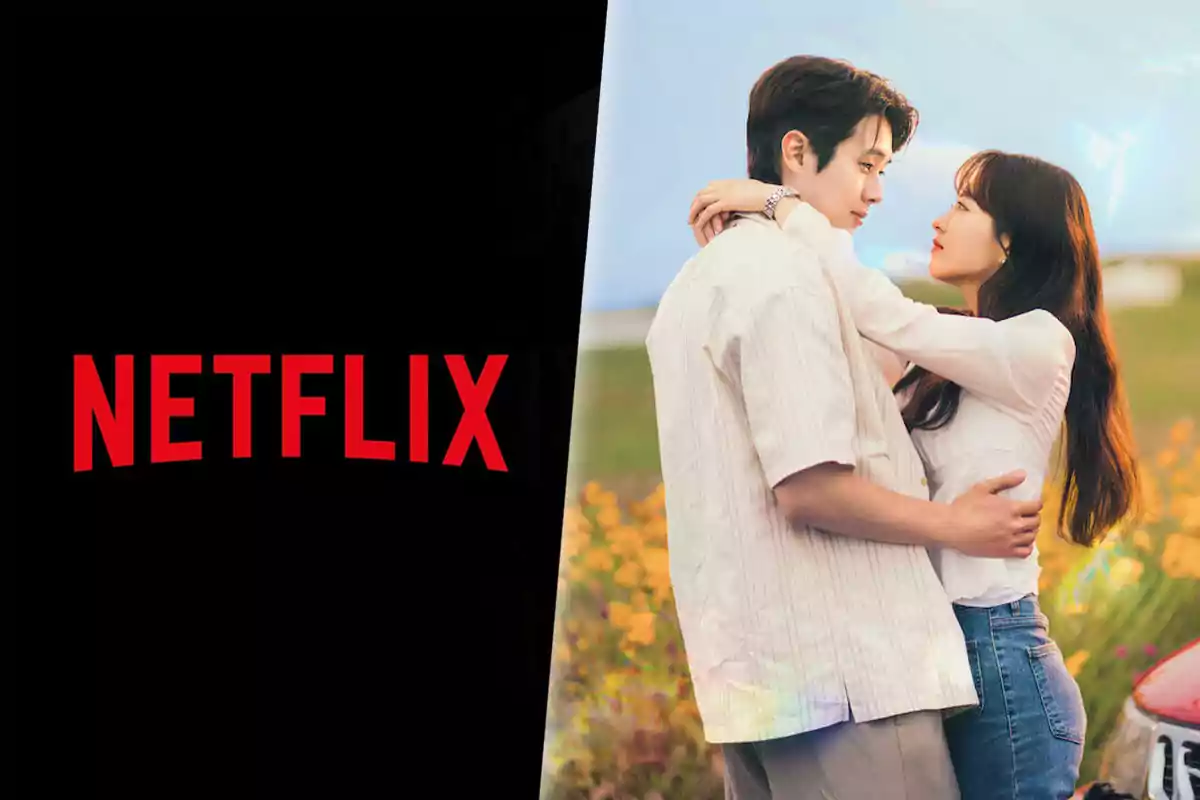 Una pareja abrazándose en un campo de flores junto al logotipo de Netflix.