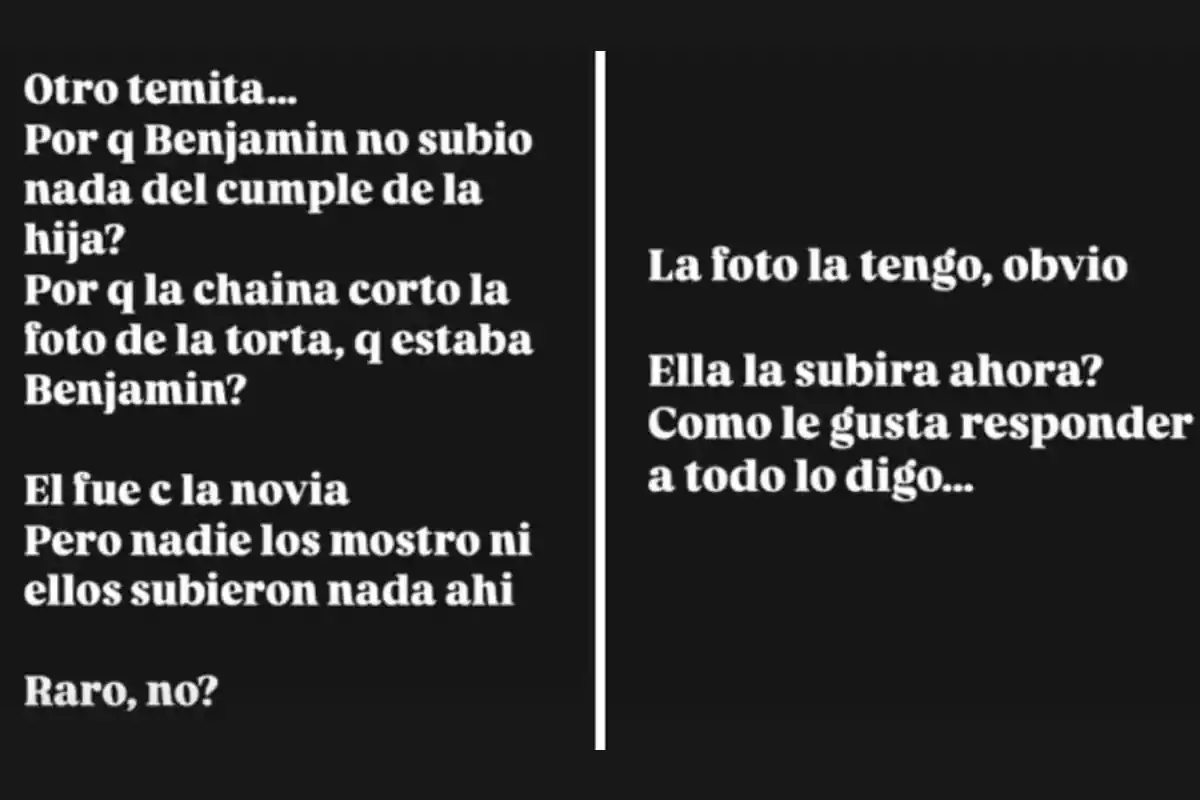 ¿Por qué Benjamín no compartió nada del cumpleaños de su hija? ¿Por qué la foto de la torta fue recortada para que él no apareciera? Él asistió con su novia, pero nadie los mostró ni publicaron nada. ¿Raro, no? Tengo la foto, obviamente. ¿Ella la subirá ahora? Lo digo porque le gusta responder a todo.