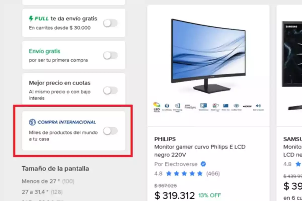 La opción de compra internacional en Mercado Libre.