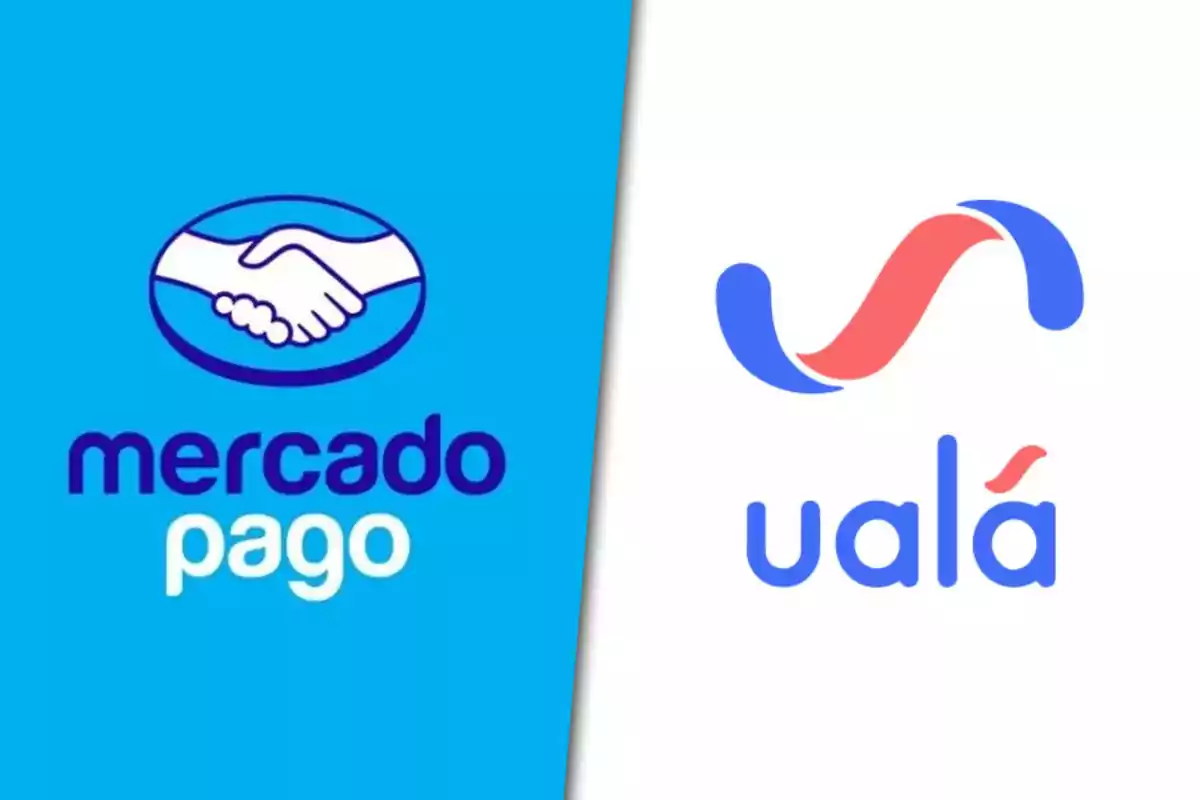 Logotipos de Mercado Pago y Ualá sobre fondos azul y blanco.