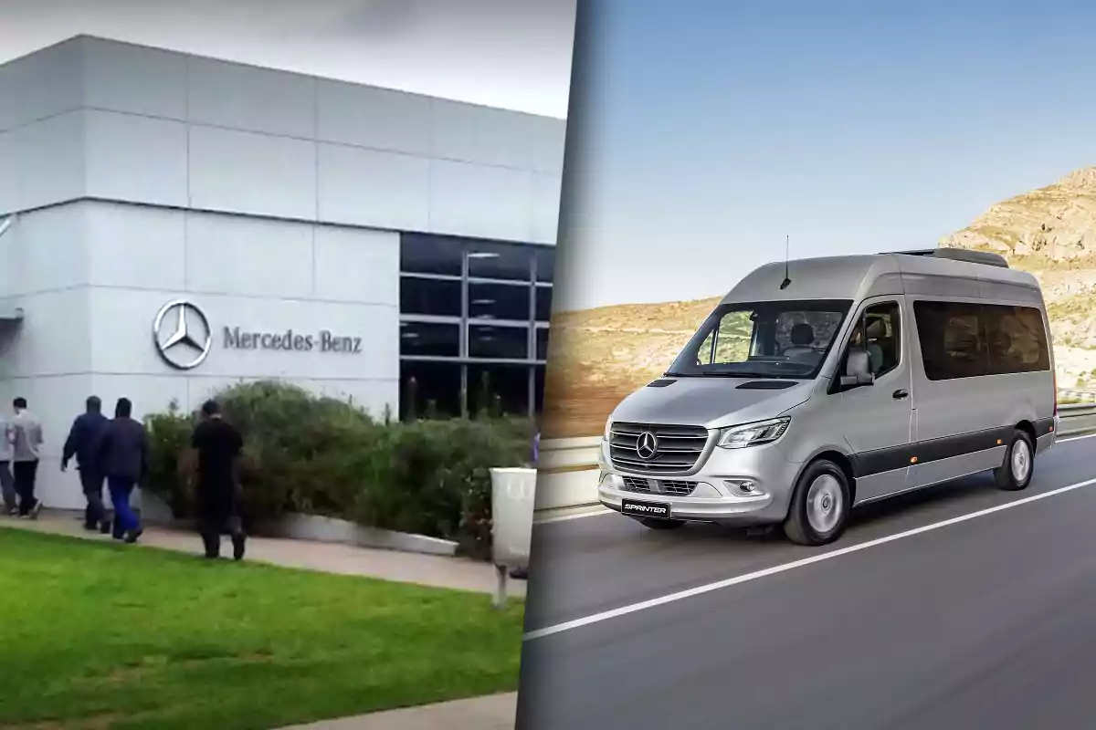 Edificio de Mercedes-Benz a la izquierda y una furgoneta plateada en movimiento a la derecha en un paisaje desértico.