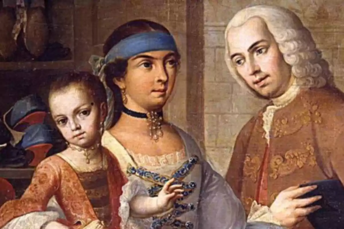 A painting depicting three people dressed in 18th-century clothing, including a man and two women, one of them with a blue scarf on her head.