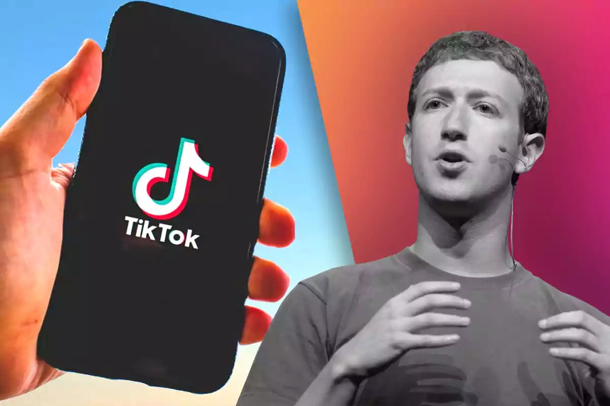 Una mano sostiene un teléfono con el logo de TikTok en la pantalla junto a Mark Zuckerberg, CEO de Meta, hablando con un micrófono de diadema sobre un fondo de colores.