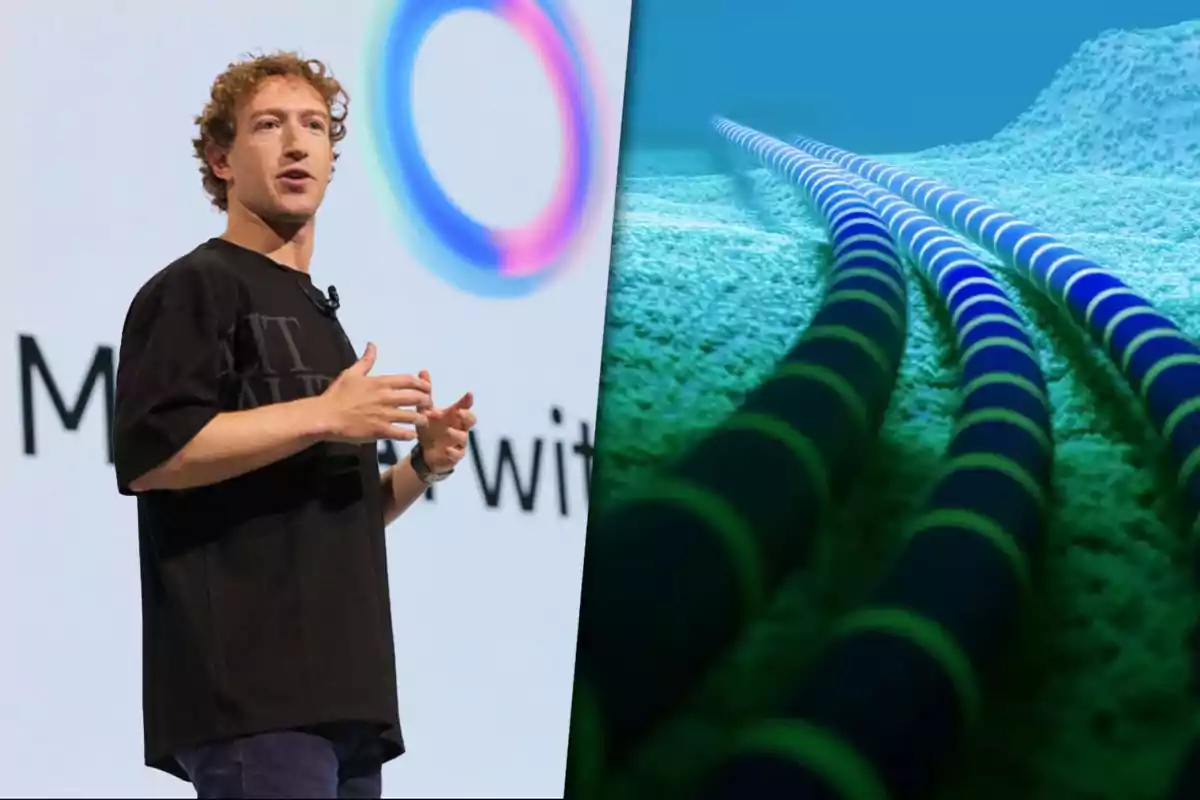 Mark Zuckerberg, CEO de Meta hablando en un escenario junto a una imagen de cables submarinos.