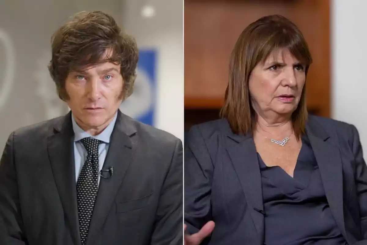 El presidente Argentino Javier Milei junto a la ministra de seguridad Patricia Bullrich, proponeniendo cinco medidas de seguridad para 2025