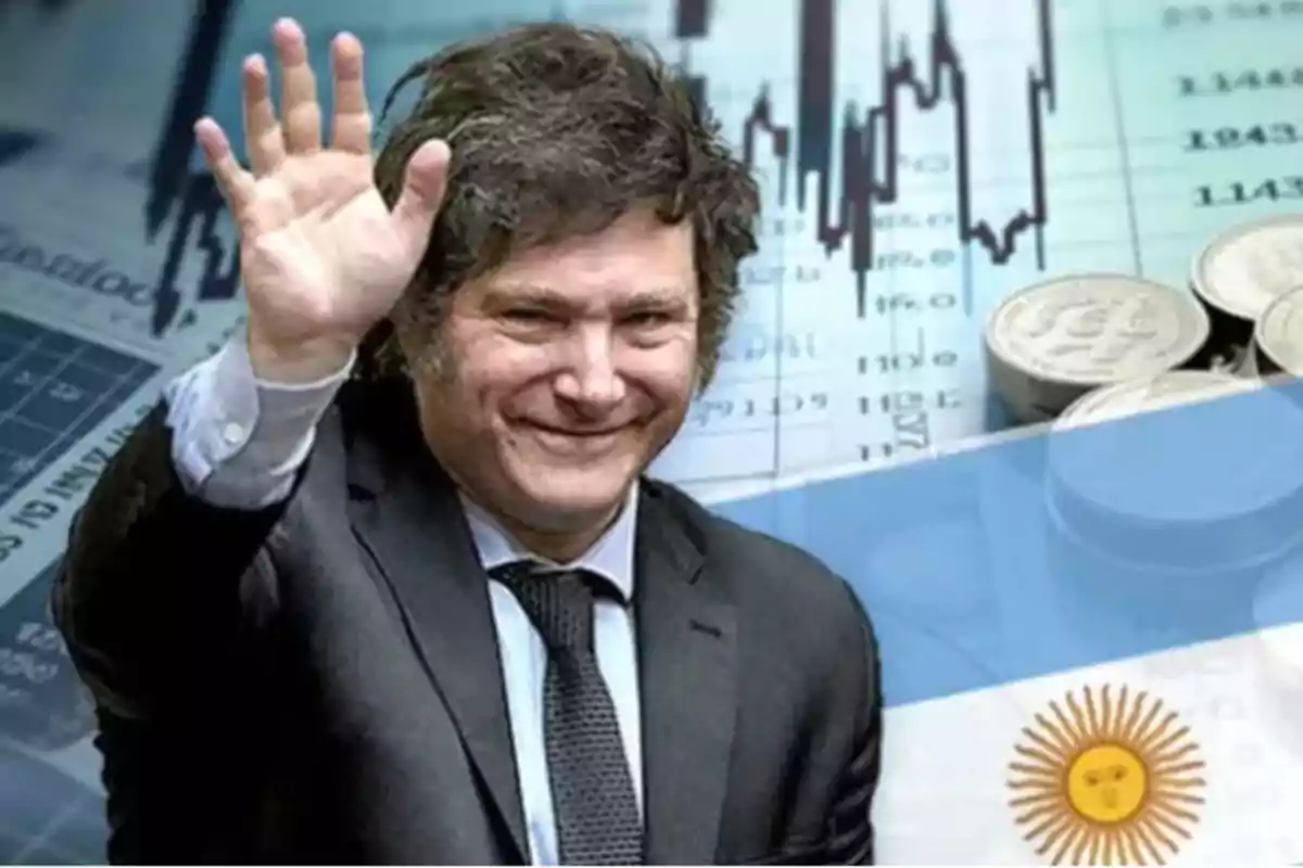 Hombre con traje y corbata saludando, con gráficos financieros y la bandera de Argentina de fondo.