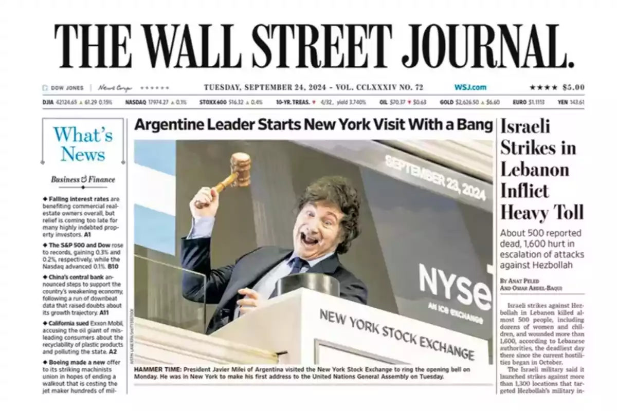 Portada de The Wall Street Journal del 24 de septiembre de 2024 con el titular "Argentine Leader Starts New York Visit With a Bang" y una imagen de un hombre sosteniendo un mazo en la Bolsa de Valores de Nueva York.