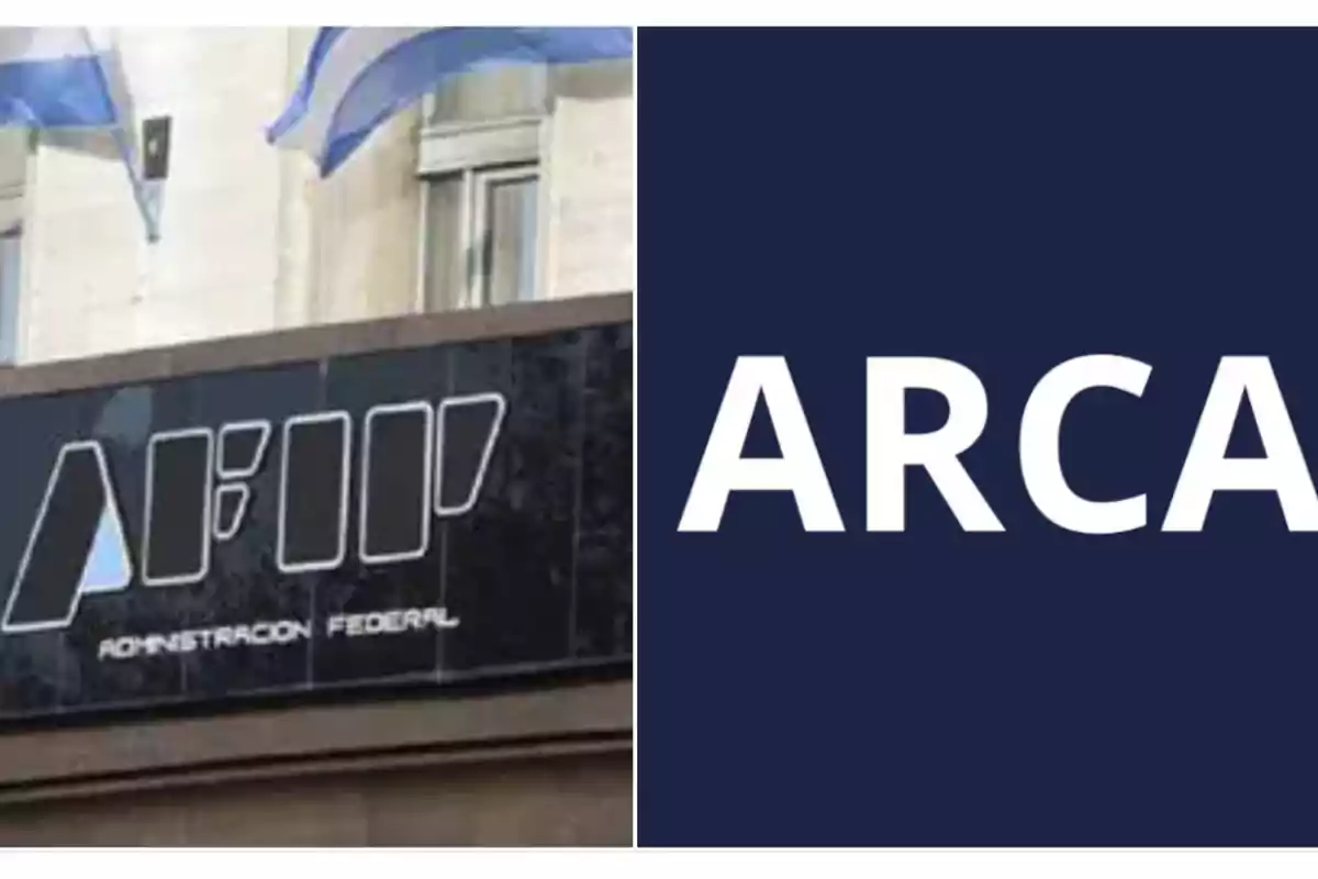 Edificio de la AFIP con banderas argentinas y logotipo de ARCA en fondo azul.