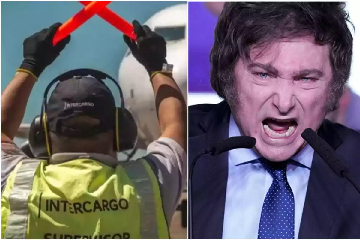 Un trabajador aeroportuario con chaleco amarillo y auriculares guía un avión mientras una persona en un podio gesticula intensamente.