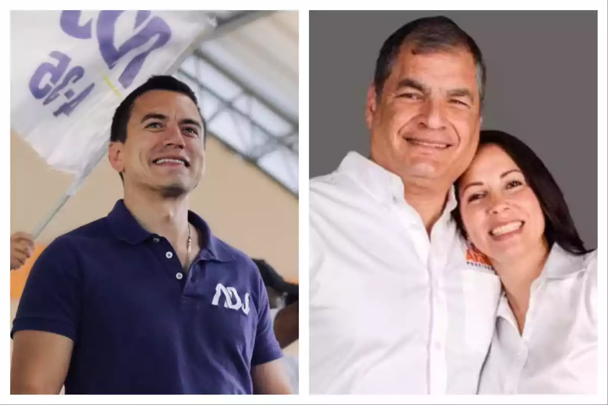 Two images side by side, on the left a man with a blue polo jersey and a flag in the background, on the right a man and a woman smiling, both wearing white jerseys.