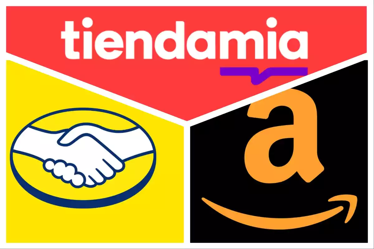 Logos de Tiendamia, Mercado Libre y Amazon en un diseño triangular.