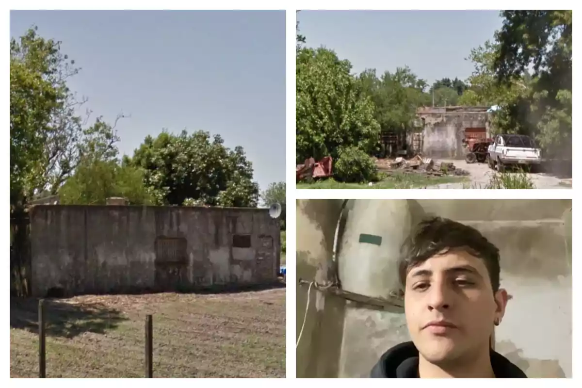 Collage de tres imágenes que muestra una casa antigua rodeada de vegetación, un patio con un auto y chatarra, y un joven en un interior.