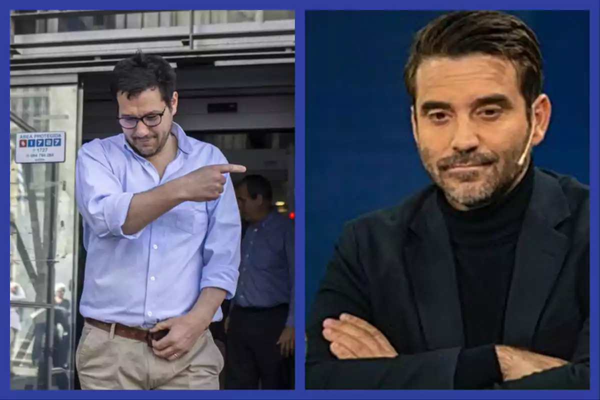 Dos hombres en diferentes contextos, uno con camisa azul claro señalando hacia un lado y otro con chaqueta oscura y micrófono en un estudio.