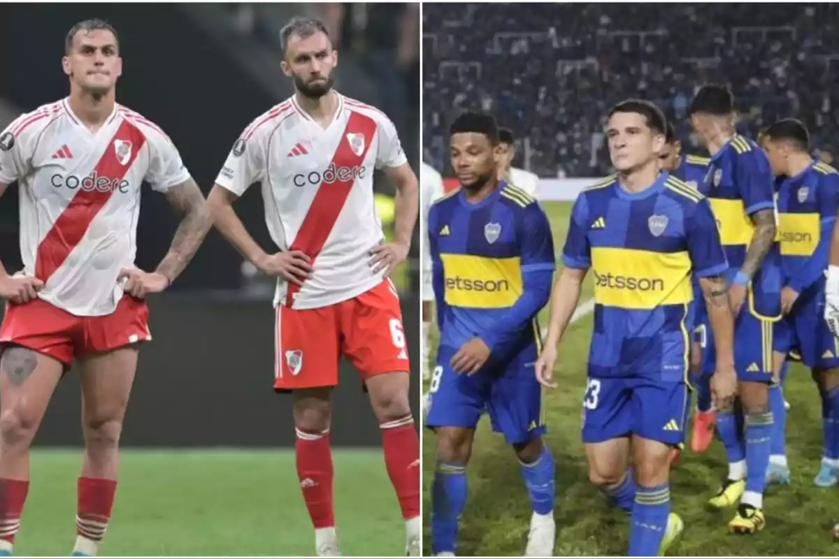 Jugadores de dos equipos de fútbol con uniformes de River Plate y Boca Juniors en el campo de juego.