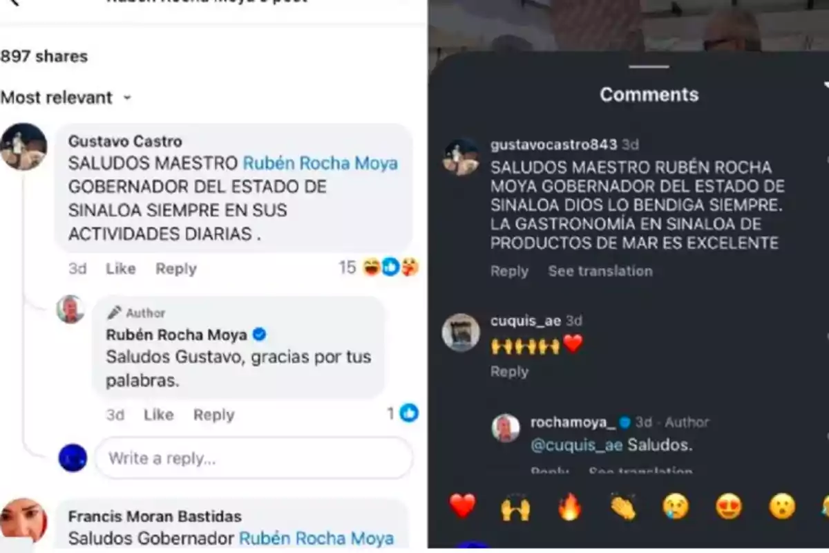 Screenshot of social media comments where users greet and praise the governor of Sinaloa, Rubén Rocha Moya, highlighting his work and the state's cuisine.